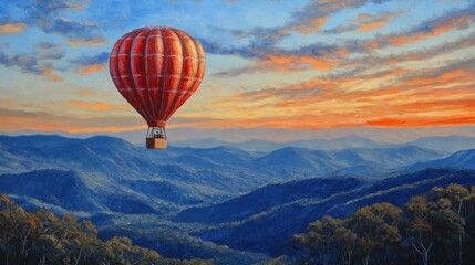 Obraz premium Red hot air balloon soaring over majestic mountain range at sunset.