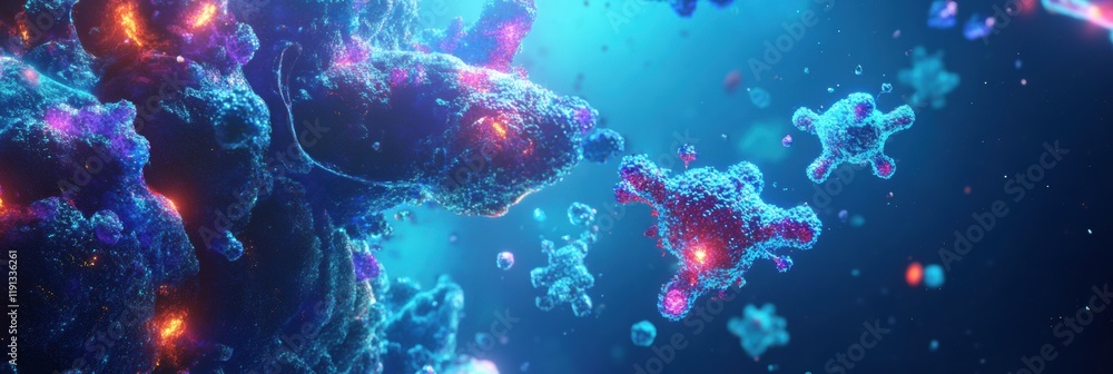 Fototapete Visualized antibodies engaging with glowing viruses in a dynamic microscopic environment. Generative AI