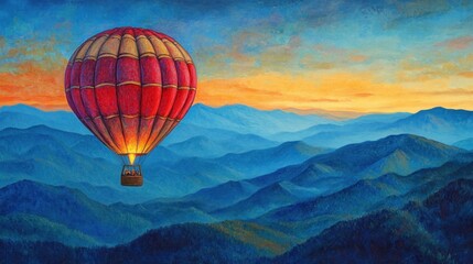 Obraz premium Hot air balloon soaring over majestic sunset mountains.
