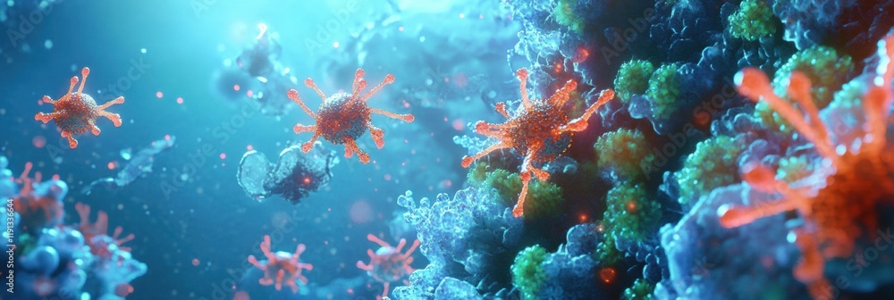 Poster visualization of antibodies targeting glowing viruses in a vibrant microscopic environment. generati