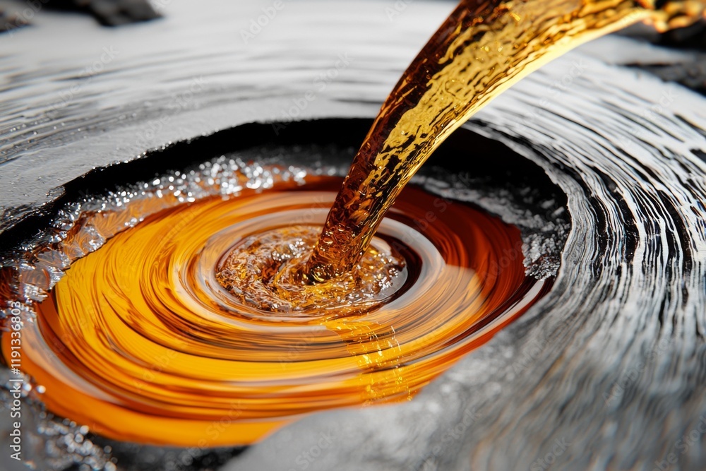 Poster golden liquid swirling into a dark pool, creating a mesmerizing pattern under indirect light