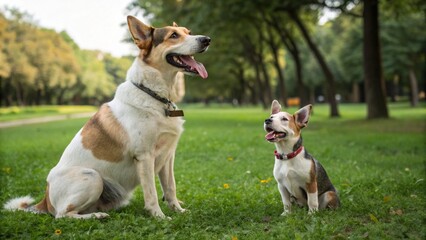 Dos perros juntos en un parque (uno grande y otro peque&ntilde;o)