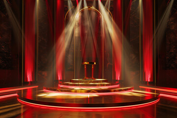 Red Theater Stage with Dramatic Lighting and Velvet Curtains, Elegant Performance Venue Setup with Spotlight and Theatrical Atmosphere