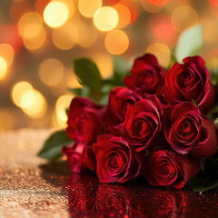 A bouquet of red roses against a sparkling background with bokeh lights