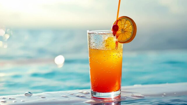 Cocktail with tropical fruits on background of beach, sea or ocean. Sunny day by the pool. Refreshing summer alcoholic drink. Vacation summer concept banner with copy space. 