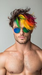 Young man with vibrant rainbow hair and sunglasses showcases bold fashion statement