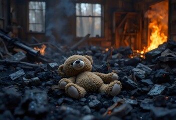 Obraz premium Lost Teddy Bear in Ruins of a Burnt Building, Wildfire Aftermath
