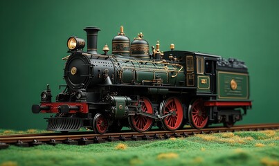 Obraz premium Ornate green model steam train on tracks.