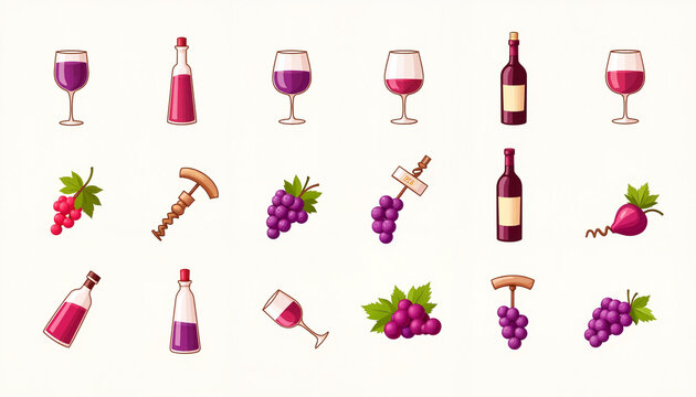 Wine bottles, glasses, and grapes in a cartoon style