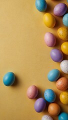 Obraz premium Easter celebration concept. Top view vertical photo of colorful eggs and bunny ears on isolated yellow background