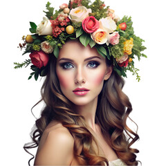 Naklejka premium beautiful young female model wearing floral crown against white 