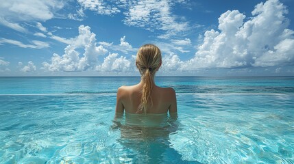 Calm reflection in turquoise water under a vast blue sky with fluffy clouds in a tropical paradise