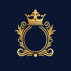 Obraz premium Elegant Golden Emblem with Crown and Laurel Wreath on Dark Blue Background