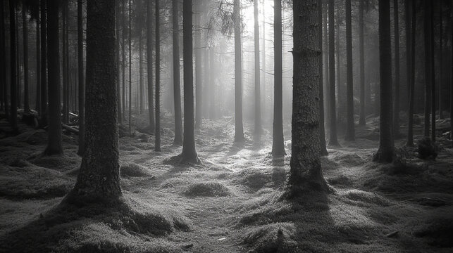 explore the atmospheric allure of misty woodland scenes through evocative black and white forest photography emphasizing fog, shadows, sunbeams, and paths in monochrome serenity