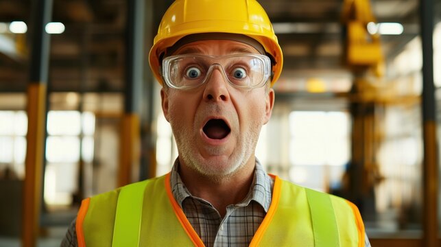 The industrial environment frames a man in safety gear, his surprised look conveying urgency and alertness in a high-stakes setting.