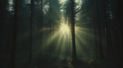 Naklejka premium misty forest sunrise with sun rays breaking through trees and foggy morning mist creating a mystical and serene atmosphere in a tranquil, sunlit forest path at dawn