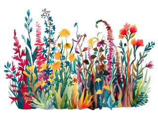 Colorful Watercolor Painting of Various Wildflowers and Plants.