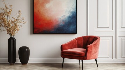 Contemporary armchair in an empty room with a plain wall, minimal shadows, soft neutral tones, serene and simple setting, style book illustration