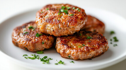 Delicious meat cutlets served on a pristine white plate against a clean white background ideal for a culinary delight presentation