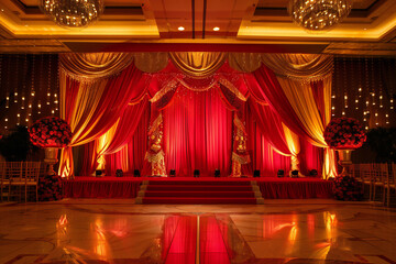 Red Theater Stage with Dramatic Lighting and Velvet Curtains, Elegant Performance Venue Setup with Spotlight and Theatrical Atmosphere