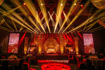 Naklejka premium Red Theater Stage with Dramatic Lighting and Velvet Curtains, Elegant Performance Venue Setup with Spotlight and Theatrical Atmosphere