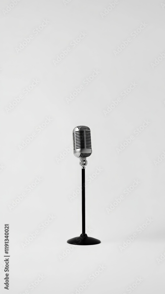 Poster classic microphone is set against a minimalist white backdrop, evoking a sense of anticipation for a