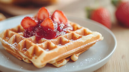 Delicious vegan waffles topped with strawberry jam and fresh sliced strawberries served on a plate at a cozy breakfast table