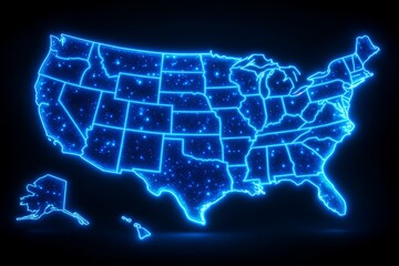 Neon light representation of the United States showing states and cities in vibrant blue against a dark background, creating a modern and striking visual effect
