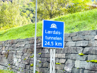 Motorhome inside the Lærdal Tunnel, the longest tunnel in the world, in South Norway, with vibrant...