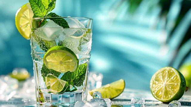 Glass of homemade lemonade with sprig of mint and slice of lemon, lime and ice cubes on background with copy space. Refreshing alcoholic mohito drink ideal for hot summer days. 