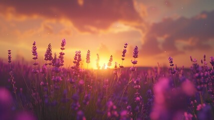 A field of lavender flowers with a sunset in the background.


