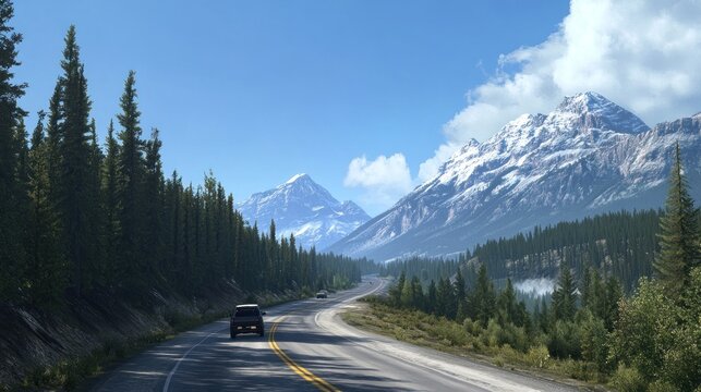 Scenic mountain highway road trip with evergreen trees and snow-capped peaks under a sunny sky.