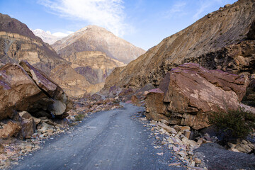 Road in Karakoram mountains, beautiful rocky scenery, Gilgit Baltistan, Pakistan. 