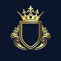 Obraz premium Elegant Golden Emblem with Crown and Laurel Wreath on Dark Blue Background