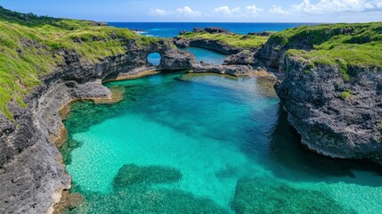 Fototapeta premium Serene Coastal Lagoon with Natural Rock Archway in Okinawa, Japan