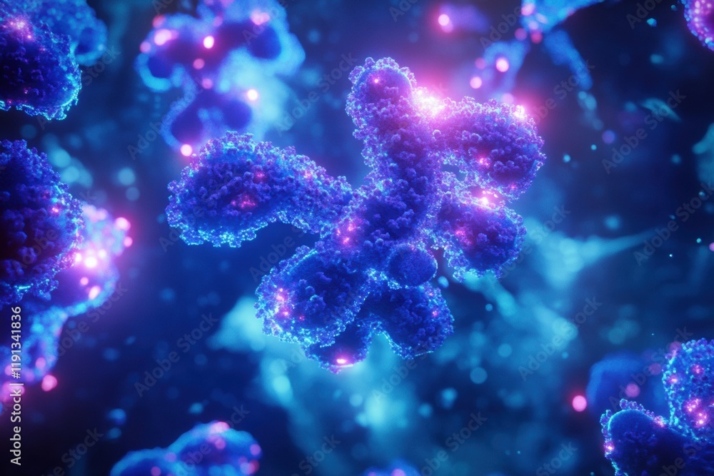 Poster visualization of antibodies actively targeting glowing viruses within a microscopic environment. gen