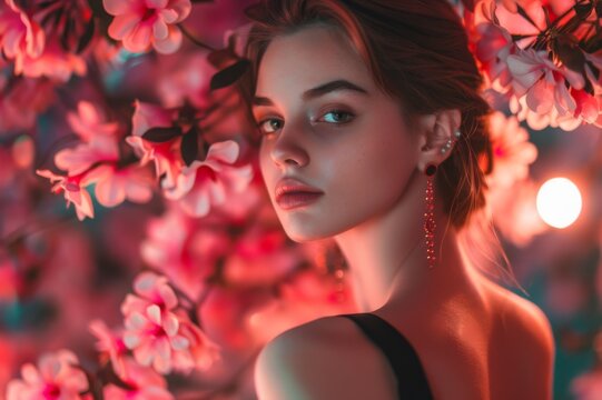 Elegant portrait of a beautiful girl with brown hair and earrings surrounded by pink flowers