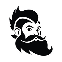 Black and white illustration of a stylized bearded man's head, with a thick, bushy beard and mustache, and a large, full head of hair styled in a high pompadour logo
