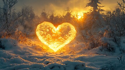 Fototapeta premium Enchanting Winter Wonderland: Glowing Heart Shape in Snowy Landscape Captures Romance and Warmth