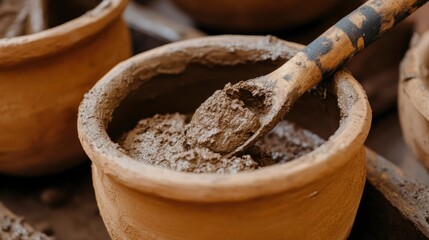 Fototapeta premium Clay Mixture in Earthenware Bowls with Wooden Spoon