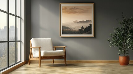 Stylish modern armchair placed near a soft-colored wall in a bright, empty space, clean lines, minimal details, style book illustration