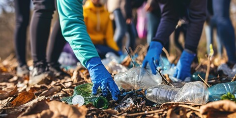 Obraz premium A group of people are picking up trash on the ground, including plastic bottles