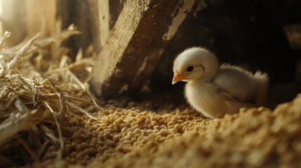 Baby Chick Pecking at Grains in Barn Setting