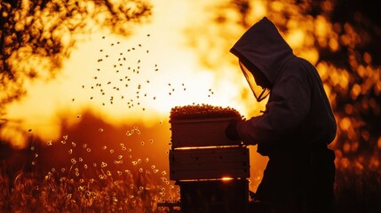 Beekeeper Tending to Hive at Sunset Glow