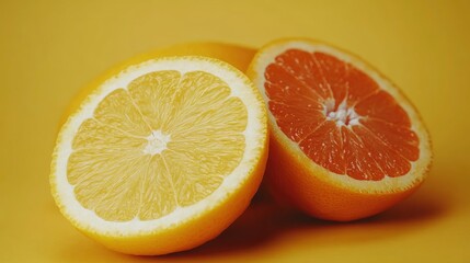 Juicy Halved Lemon and Grapefruit on Yellow Background