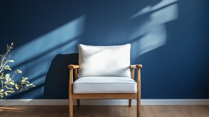 Stylish modern armchair placed near a soft-colored wall in a bright, empty space, clean lines, minimal details, style book illustration