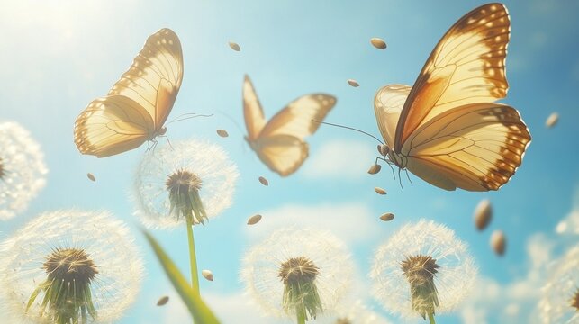 Fototapeta Three butterflies fly near fluffy dandelion seeds in a sunny field.
