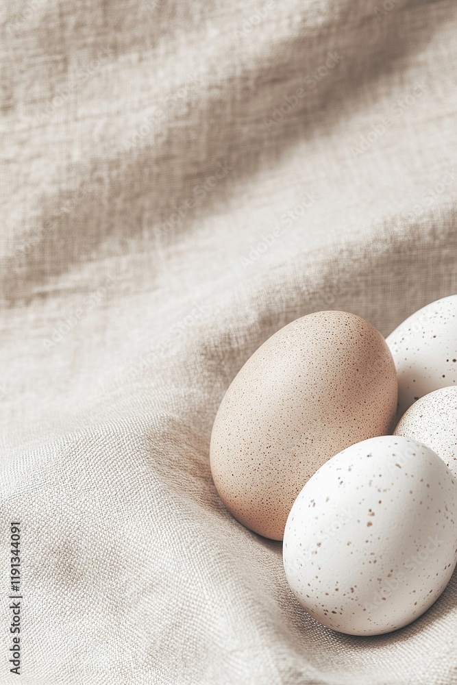 Poster abstract pastel-colored easter eggs on soft linen fabric in a minimalist nordic style setting with a