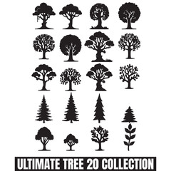 Silhouette tree line drawing set, Side view, set of graphics trees elements, Vector illustration in stroke fill . Tropical, oak, maple, poplar, birch.