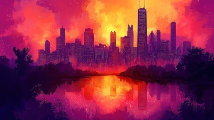 Fototapeta premium Cityscape at Sunset: A Vibrant Urban Reflection